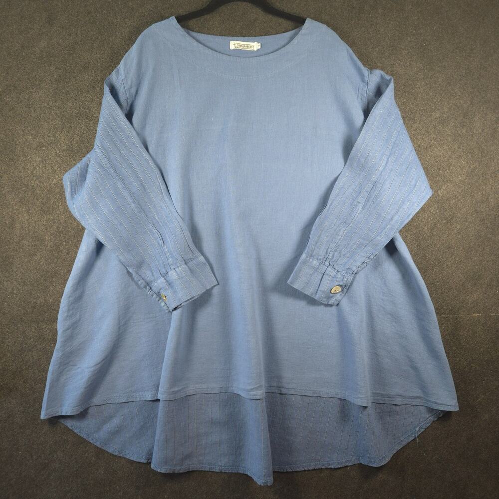 T By Transparente Italian Linen Dress sz 3 Lagenlook Blue Pockets Hi Low Hemline